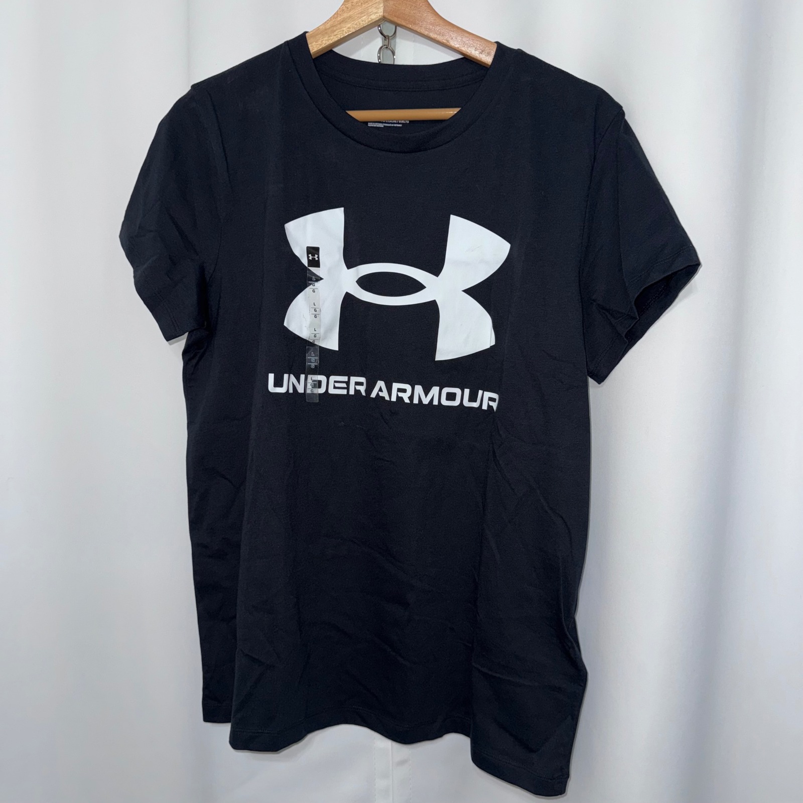 Under Armour Womens Graphic Logo T-Shirt Black Loose Fit Short Sleeve Tee L
